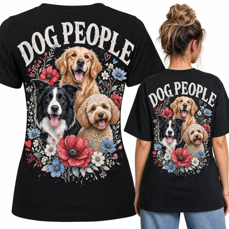 Koszulka damska z psami i kwiatami „Dog People” - golden retriever, border collie i pudel - duży nadruk na plecach
