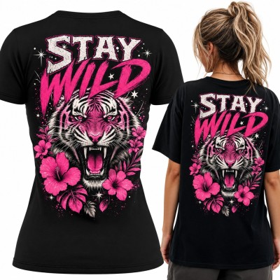 Koszulka damska tygrys z hibiskusem „Stay wild” - duży nadruk na plecach