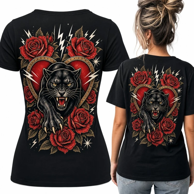 Koszulka damska czarna pantera w stylu old school tattoo z różami - duży nadruk na plecach