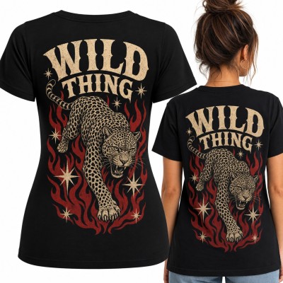 Koszulka damska lampart w płomieniach „Wild thing” - duży nadruk na plecach