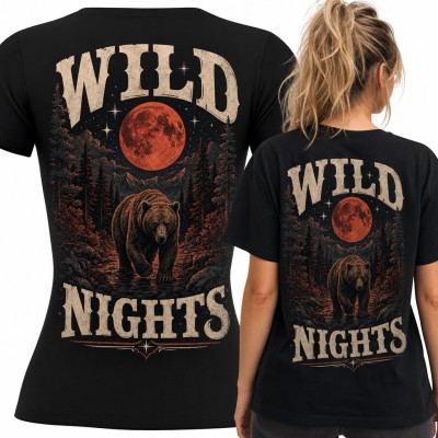 Koszulka damska niedźwiedź pod czerwonym księżycem „Wild Nights” - duży nadruk na plecach