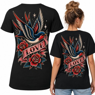 Koszulka damska jaskółka i róże „Love” w stylu old school tattoo - duży nadruk na plecach