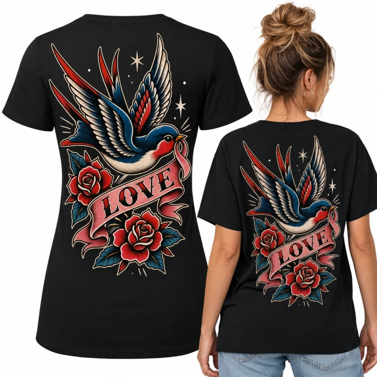 Koszulka damska jaskółka i róże „Love” w stylu old school tattoo - duży nadruk na plecach