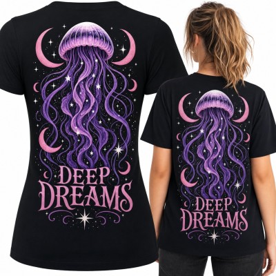 Koszulka damska z meduzą wśród półksiężyców „Deep Dreams” - duży nadruk na plecach