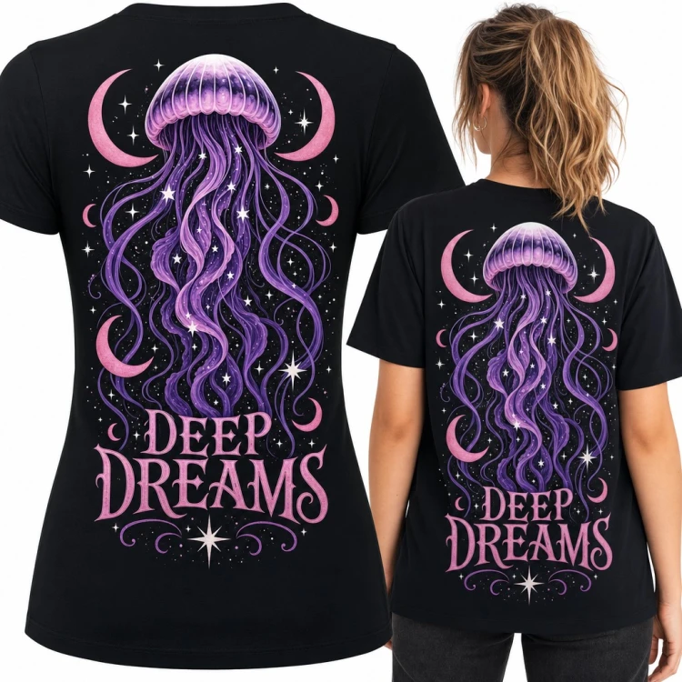Koszulka damska z meduzą wśród półksiężyców „Deep Dreams” - duży nadruk na plecach