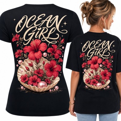 Koszulka damska „Ocean Girl” - muszla z perłami i hibiskusami - duży nadruk na plecach