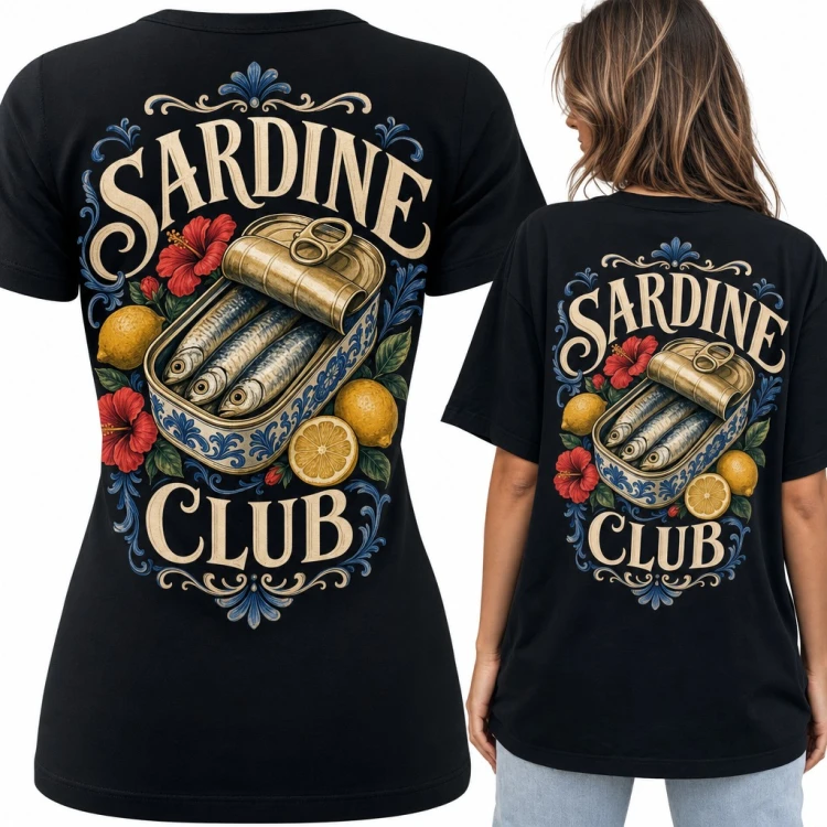 Koszulka damska „Sardine Club” - puszka sardynek z cytrynami - duży nadruk na plecach