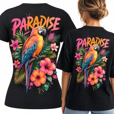 Koszulka damska z papugą ara wśród hibiskusów „Paradise” - duży nadruk na plecach