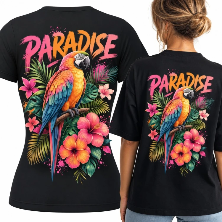 Koszulka damska z papugą ara wśród hibiskusów „Paradise” - duży nadruk na plecach