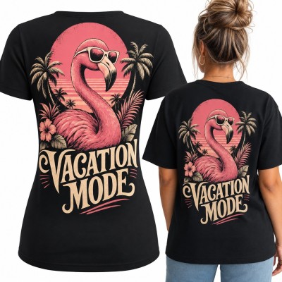 Koszulka damska flaming w okularach „Vacation mode” - duży nadruk na plecach