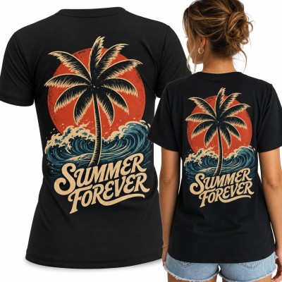 Koszulka damska „Summer forever” z palmą, falami i czerwonym słońcem - duży nadruk na plecach