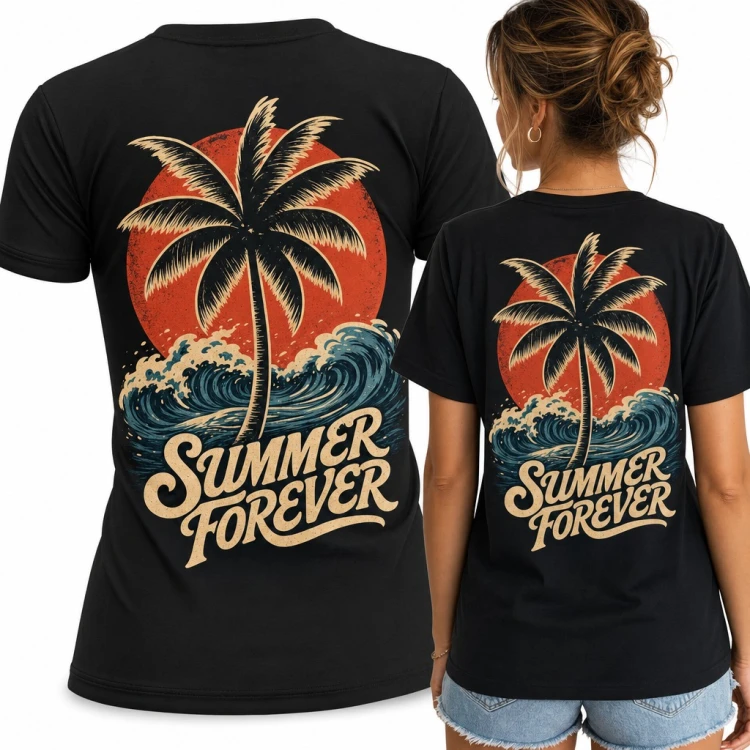 Koszulka damska „Summer forever” z palmą, falami i czerwonym słońcem - duży nadruk na plecach