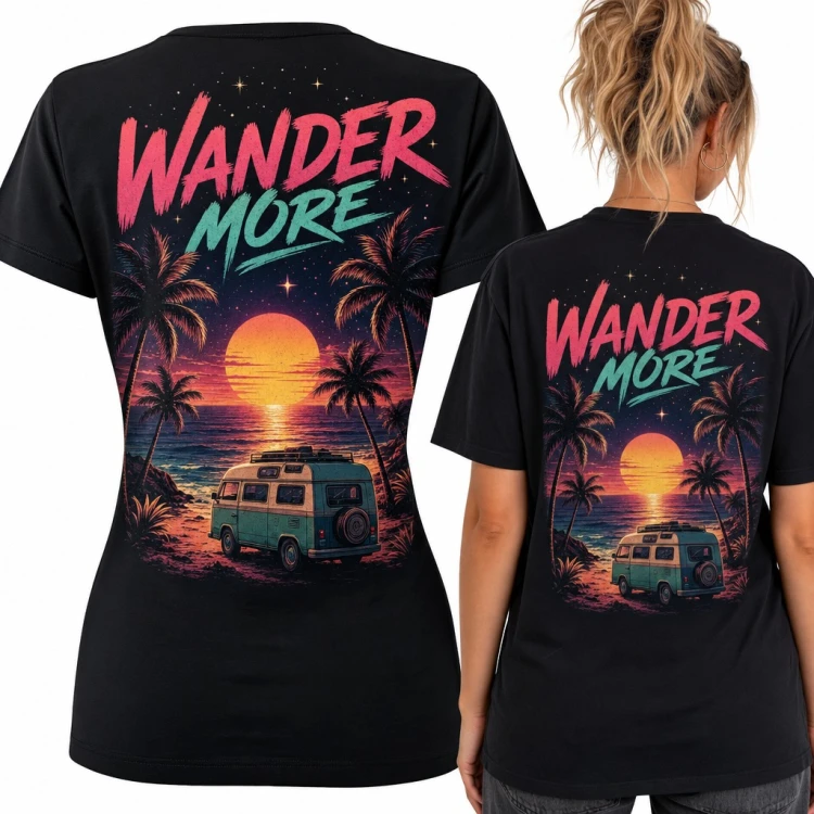 Koszulka damska „Wander more” z kamperem na plaży o zachodzie słońca - duży nadruk na plecach