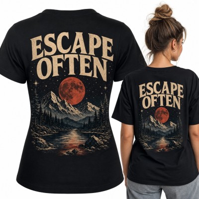 Koszulka damska „Escape often” z górami i czerwonym księżycem - duży nadruk na plecach