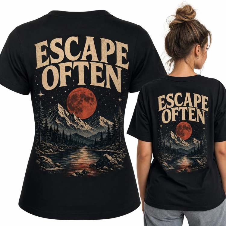 Koszulka damska „Escape often” z górami i czerwonym księżycem - duży nadruk na plecach