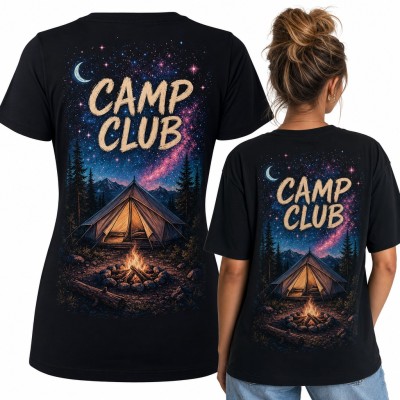 Koszulka damska „Camp club” z namiotem i ogniskiem pod gwiazdami - duży nadruk na plecach