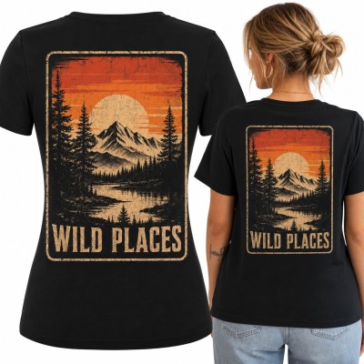 Koszulka damska „Wild Places” - górski pejzaż z jeziorem w stylu retro, duży nadruk na plecach