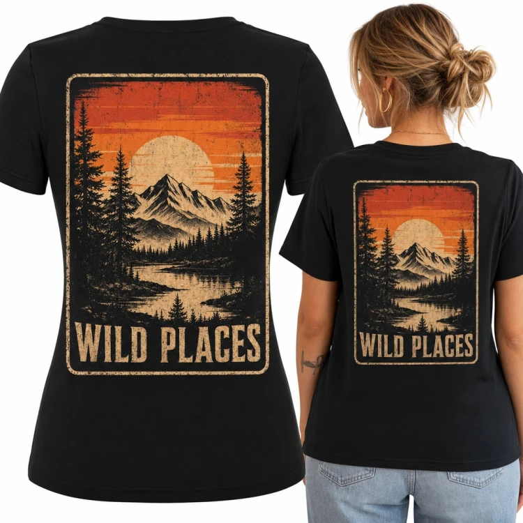 Koszulka damska „Wild Places” - górski pejzaż z jeziorem w stylu retro, duży nadruk na plecach