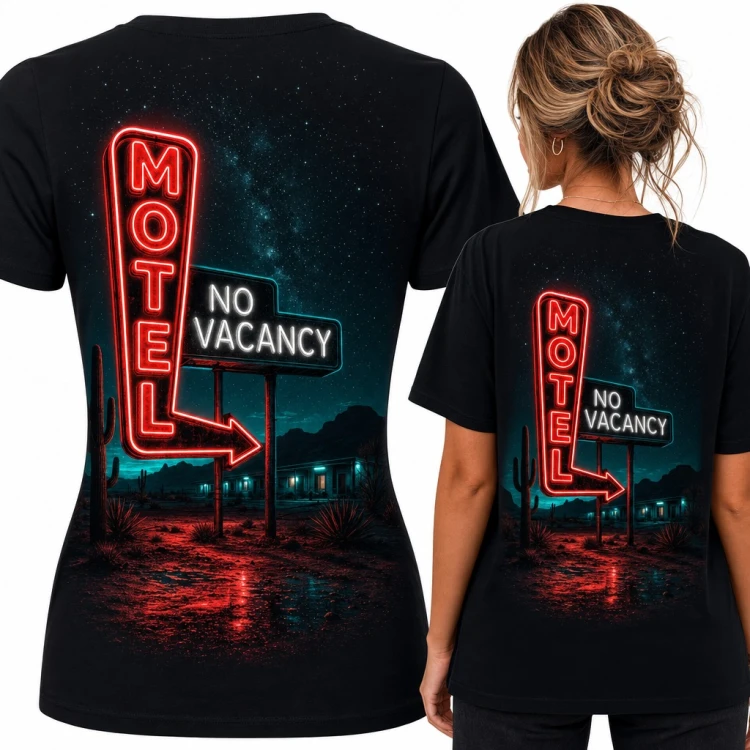 Koszulka damska neonowy szyld „Motel No Vacancy” na pustyni - duży nadruk na plecach