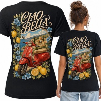 Koszulka damska „Ciao Bella” - włoski skuter retro i cytryny, duży nadruk na plecach