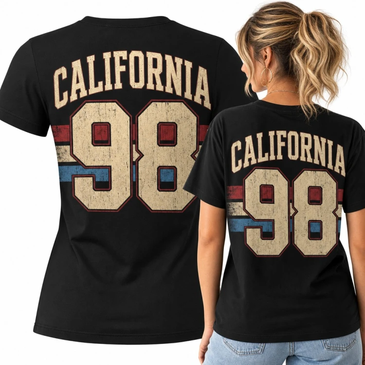 Koszulka damska „California 98” w stylu varsity z paskami - duży nadruk na plecach