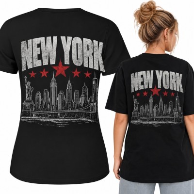 Koszulka damska „New York” z panoramą Manhattanu i Statuą Wolności - duży nadruk na plecach