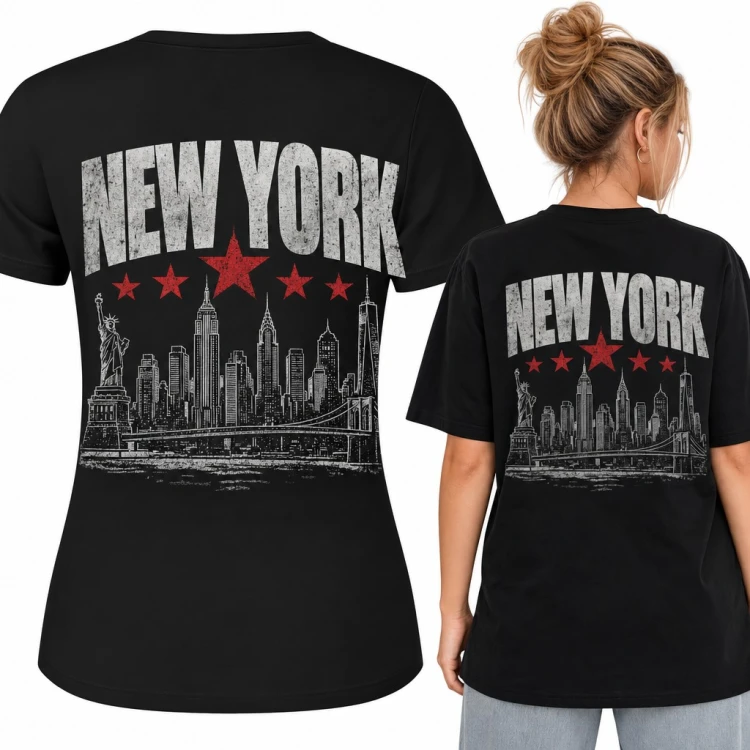 Koszulka damska „New York” z panoramą Manhattanu i Statuą Wolności - duży nadruk na plecach