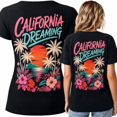Koszulka damska „California Dreaming” z palmami i zachodem słońca - duży nadruk na plecach