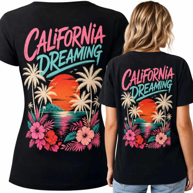 Koszulka damska „California Dreaming” z palmami i zachodem słońca - duży nadruk na plecach