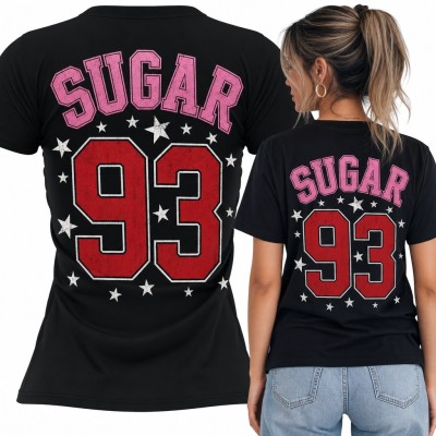 Koszulka damska „Sugar 93” w stylu college z gwiazdkami - duży nadruk na plecach
