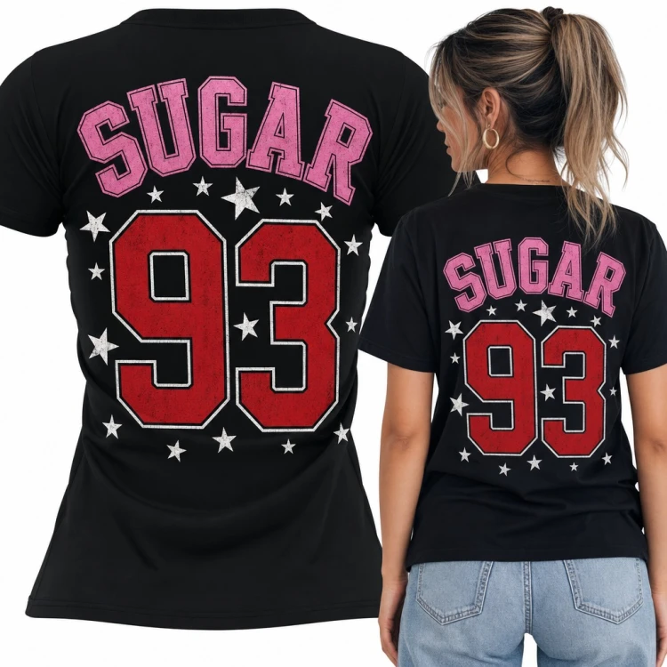Koszulka damska „Sugar 93” w stylu college z gwiazdkami - duży nadruk na plecach