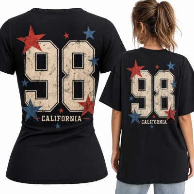Koszulka damska „98 California” - varsity z gwiazdami - duży nadruk na plecach
