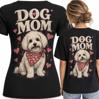 Koszulka damska „Dog mom” z maltańczykiem w bandanie - duży nadruk na plecach