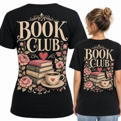Koszulka damska „Book Club” - książki, kawa i piwonie - duży nadruk na plecach