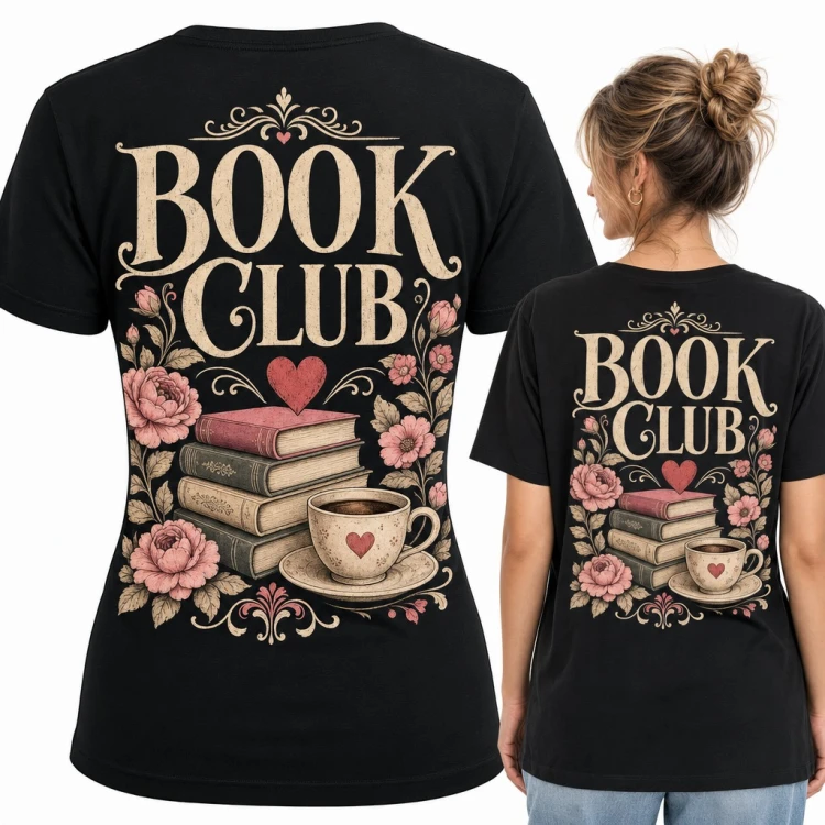 Koszulka damska „Book Club” - książki, kawa i piwonie - duży nadruk na plecach