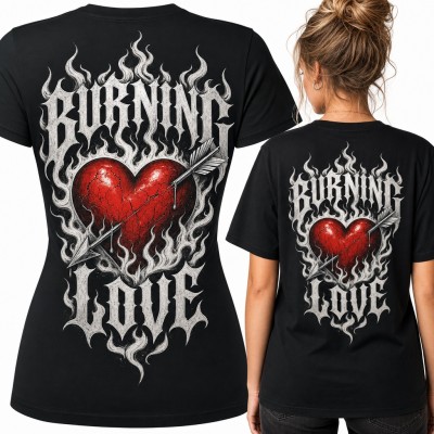 Koszulka damska „Burning Love” - płonące serce przebite strzałą, duży nadruk na plecach