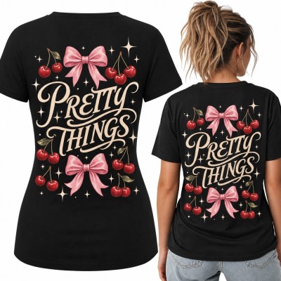 Koszulka damska „Pretty Things” z kokardami i wiśniami - duży nadruk na plecach