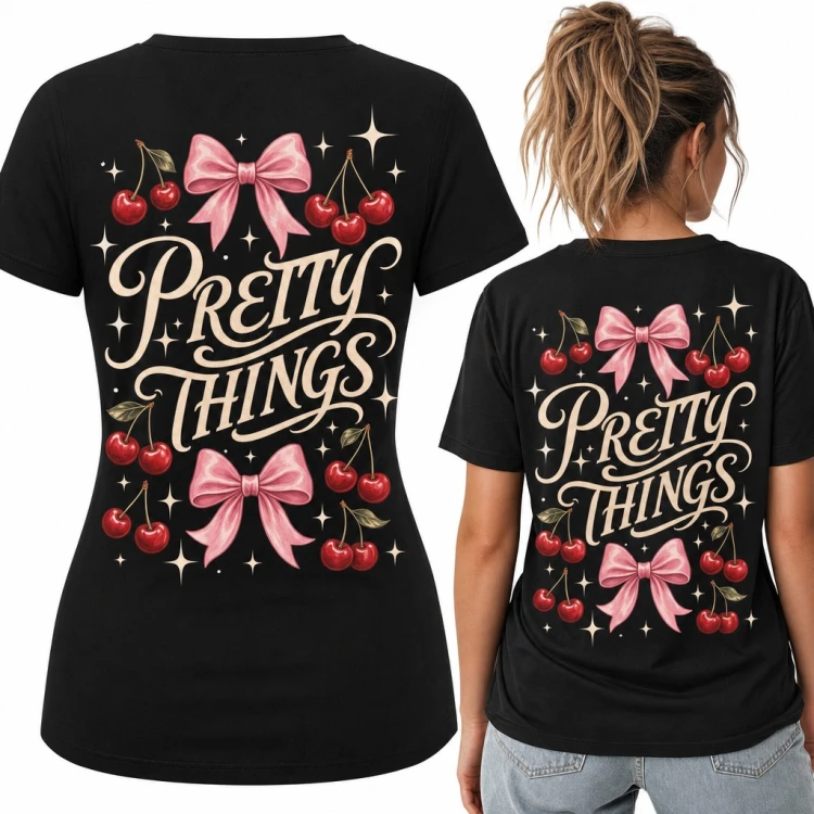 Koszulka damska „Pretty Things” z kokardami i wiśniami - duży nadruk na plecach