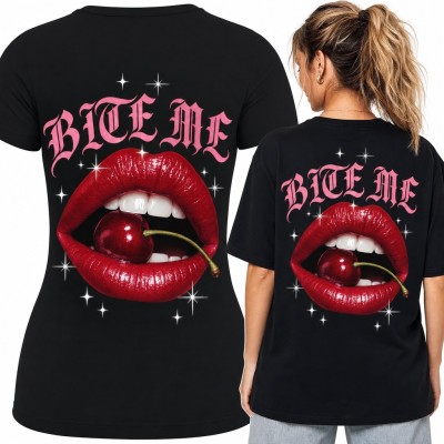 Koszulka damska czerwone usta z wiśnią „Bite me” - duży nadruk na plecach