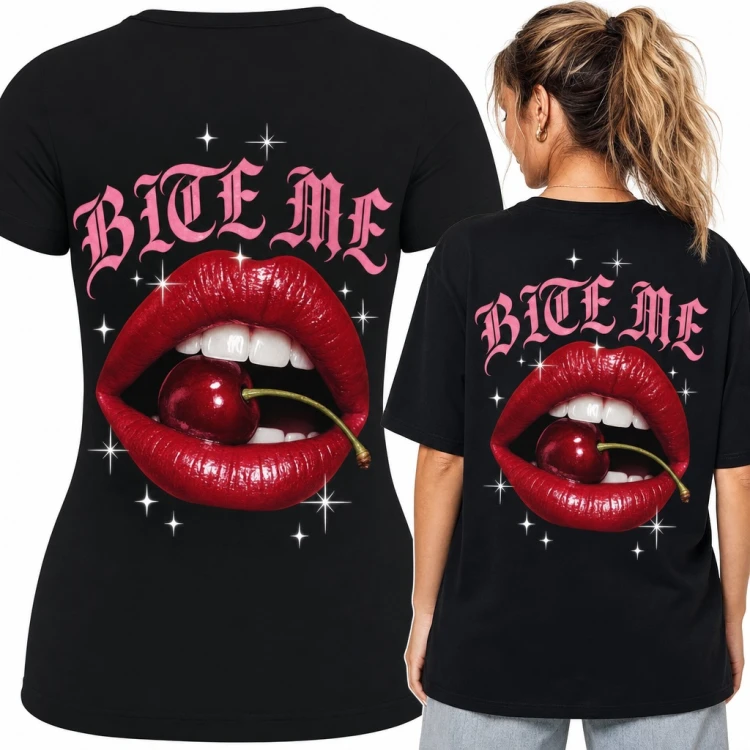 Koszulka damska czerwone usta z wiśnią „Bite me” - duży nadruk na plecach
