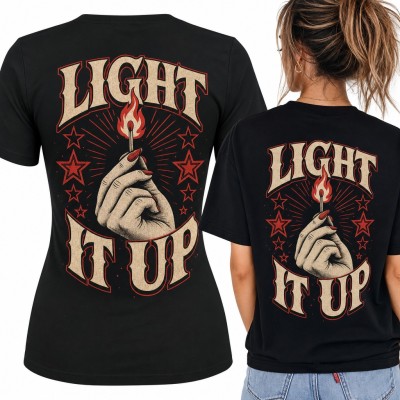 Koszulka damska z zapałką „Light it up” w stylu retro tattoo - duży nadruk na plecach