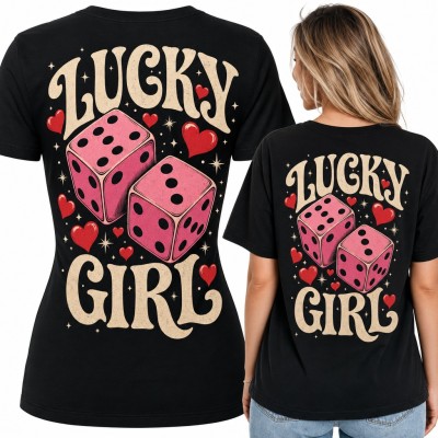 Koszulka damska „Lucky Girl” z różowymi kośćmi do gry i sercami - duży nadruk na plecach