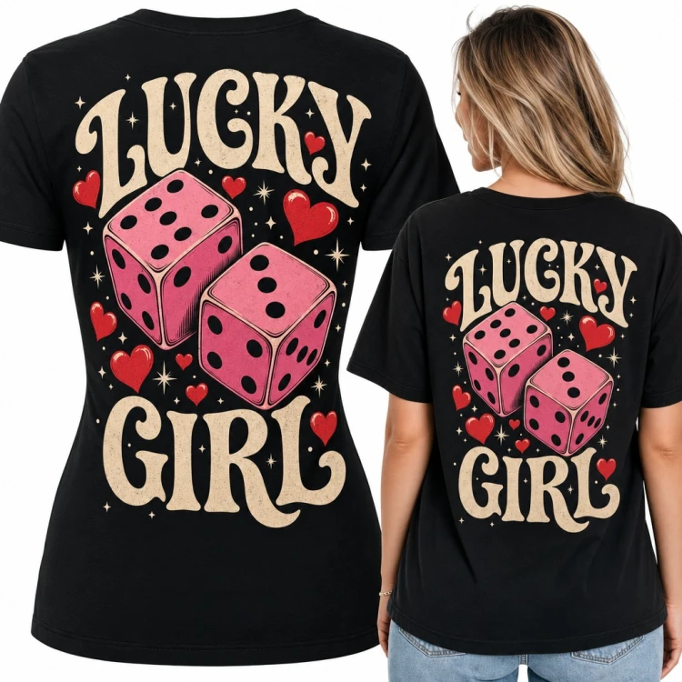 Koszulka damska „Lucky Girl” z różowymi kośćmi do gry i sercami - duży nadruk na plecach
