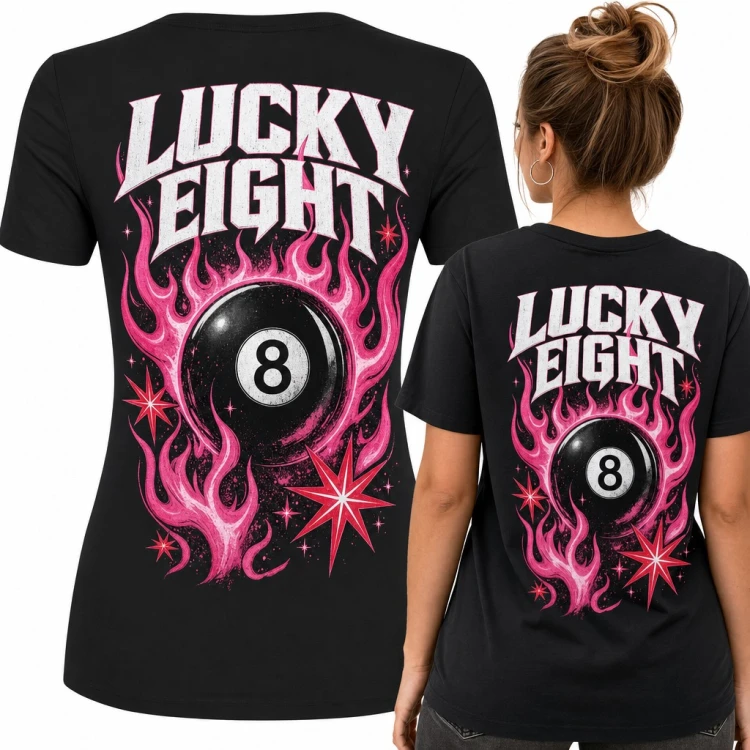 Koszulka damska bilardowa „Lucky Eight” - bila ósemka w różowych płomieniach - duży nadruk na plecach