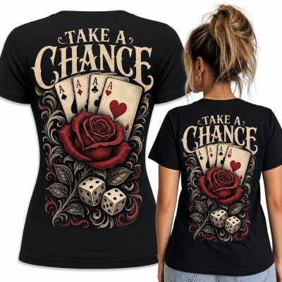 Koszulka damska z czterema asami i różą „Take a Chance” - duży nadruk na plecach