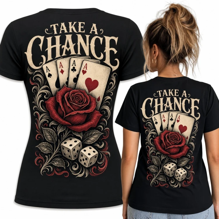 Koszulka damska z czterema asami i różą „Take a Chance” - duży nadruk na plecach