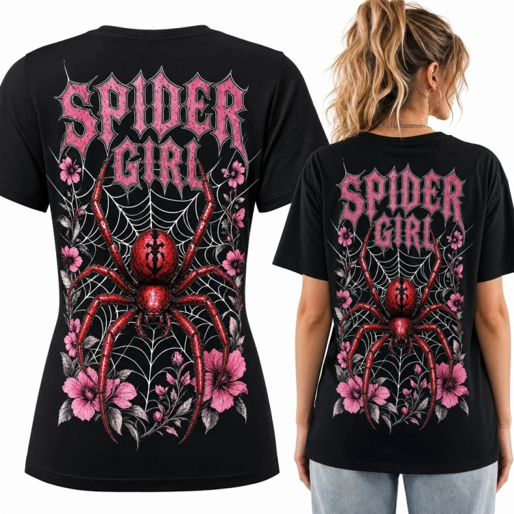 Koszulka damska „Spider Girl” z czerwonym pająkiem i różowymi kwiatami - duży nadruk na plecach