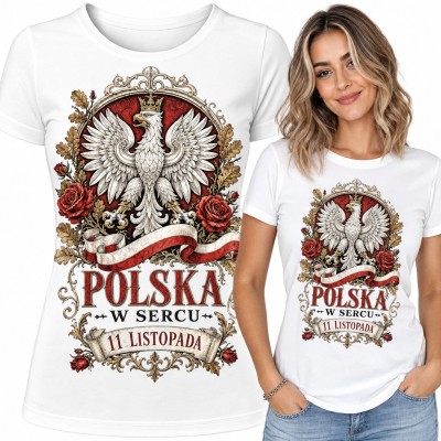 Koszulka damska z orłem w koronie i różami „Polska w sercu 11 listopada”