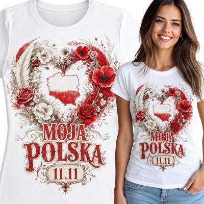 Koszulka damska „Moja Polska 11.11” - mapa w sercu z maków i róż