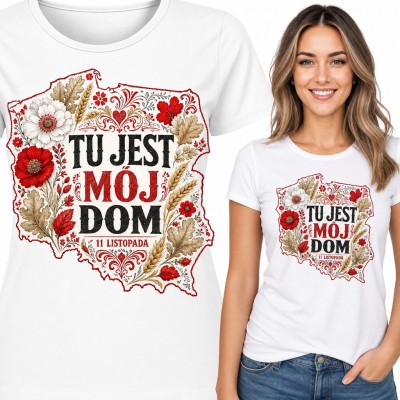 Koszulka damska patriotyczna „Tu jest mój dom” - mapa Polski w folkowe kwiaty na 11 listopada